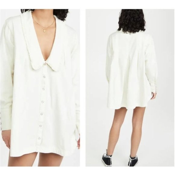 Free People Charlie Denim Button Down Top Dress Ecru Ruffle Trim Size M - Picture 5 of 11